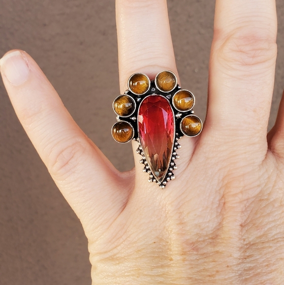 New Bi-Color Tourmaline & Tiger Eye 925 Silver Ring. - Picture 8 of 15